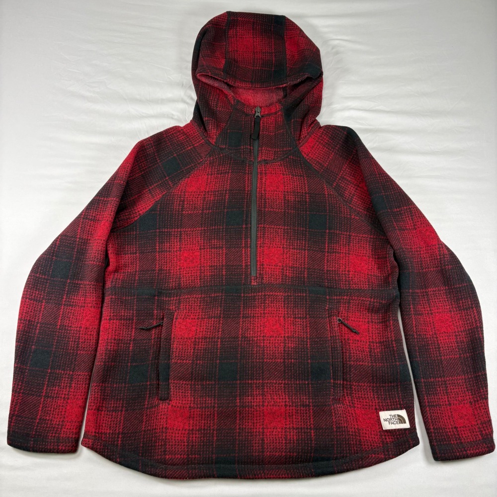 The North Face Fleece Hoodie Womens L Red Black‎ Plaid Quarter Zip Pullover